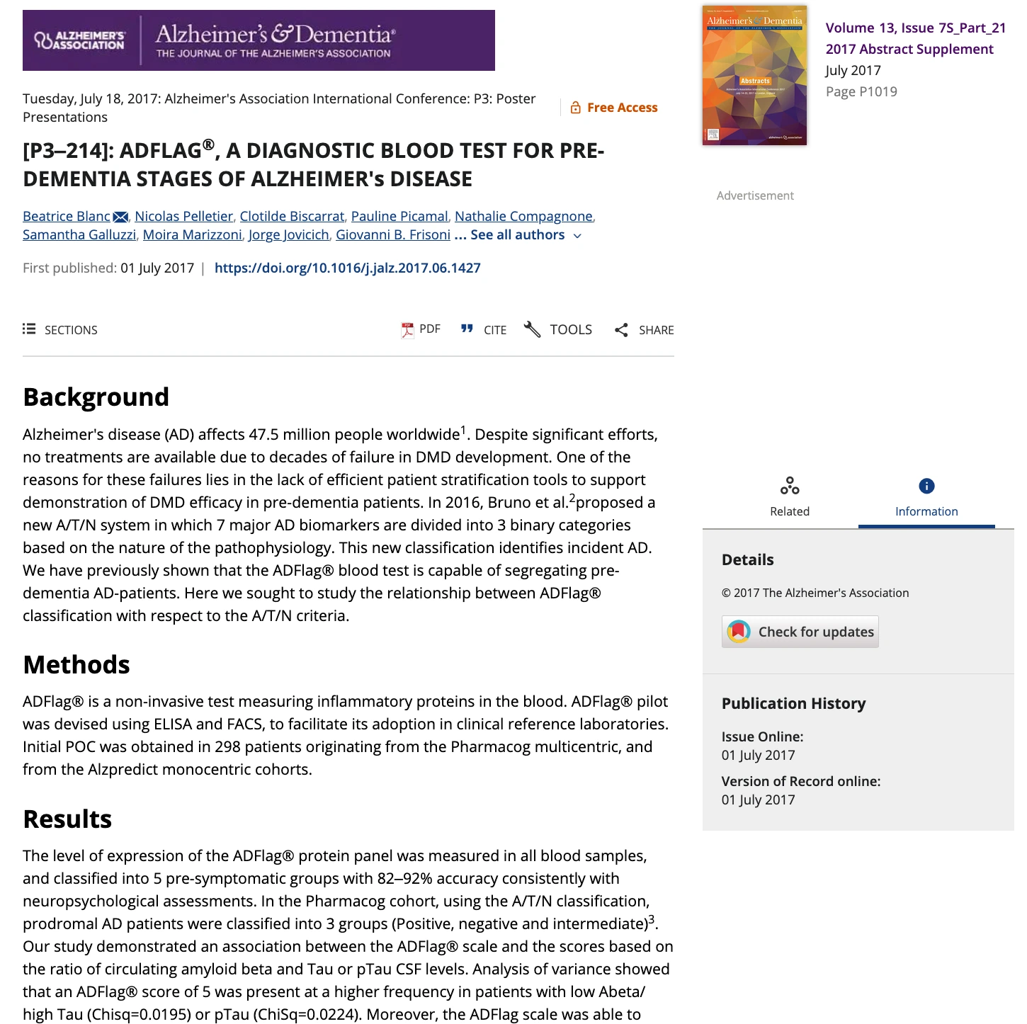 Conference abstract thumbnail for ADFlag diagnostic blood test in Alzheimer's study